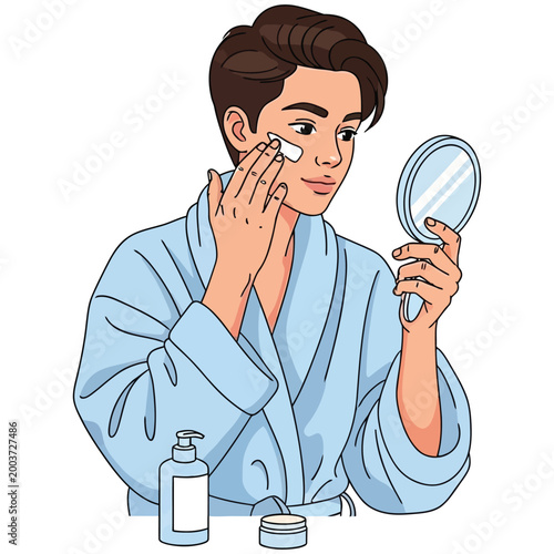 Young man applying face cream in bathrobe with mirror for skincare routine.