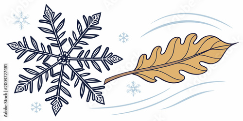 Seasonal graphic with stylized snowflake and dried autumn leaf in wind snowflake seasonal transition movement botanical illustration isolated changing coldness backdrop background ornament
