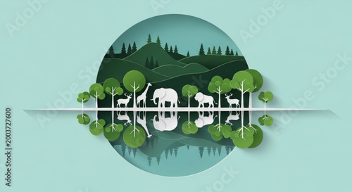 A captivating paper cut art illustration showcasing a diverse range of animals and lush trees reflected in calm waters under a serene sky