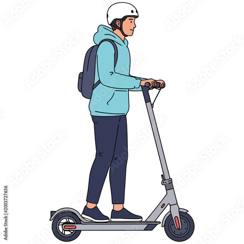 Person riding modern electric kick scooter wearing safety helmet and backpack.