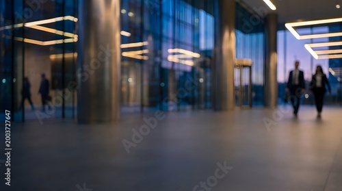 Abstract Blur Of Modern Office Interior With Linear Lights And Silhouettes Of Business People. Contemporary Architectural Background.