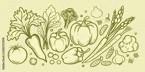 Collection of fresh vegetables in olive green line art