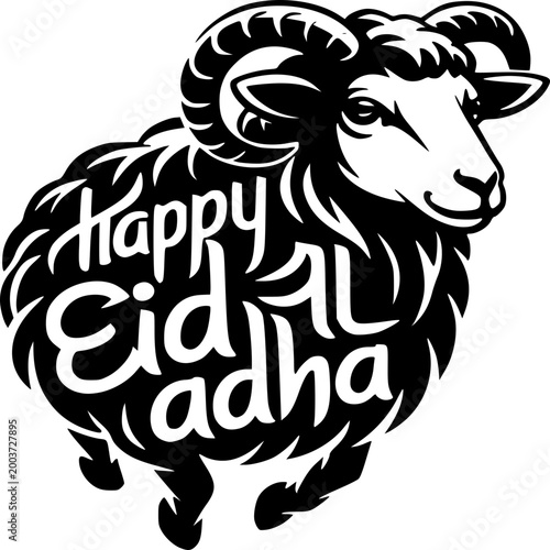 Eid al-Adha Sheep Illustration: A detailed black and white illustration of a sheep, accompanied by the festive message Happy Eid al-Adha in elegant calligraphy.