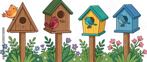 Colorful Illustration of Cute Little Birds Perching on Wooden Birdhouses in a Garden with Spring Flowers Isolated on White Background