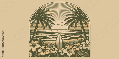 Tropical beach scene with surfboard and palm trees vintage illustration