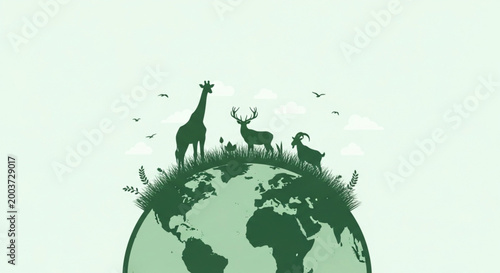 Green Planet Earth with Diverse Wildlife and Lush Vegetation Symbolizing Environmental Protection, Nature Conservation, and Sustainable Living