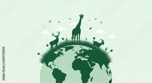 World Biological Diversity Day Green planet with diverse wildlife, representing a healthy ecosystem and harmonious coexistence of nature's creatures on Earth