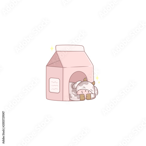 Cute Cow Sleeping in a Milk Carton Illustration