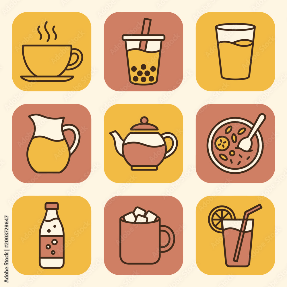 Obraz premium Drinks Icons Set Retro Style Beverage Collection Drinks Concept