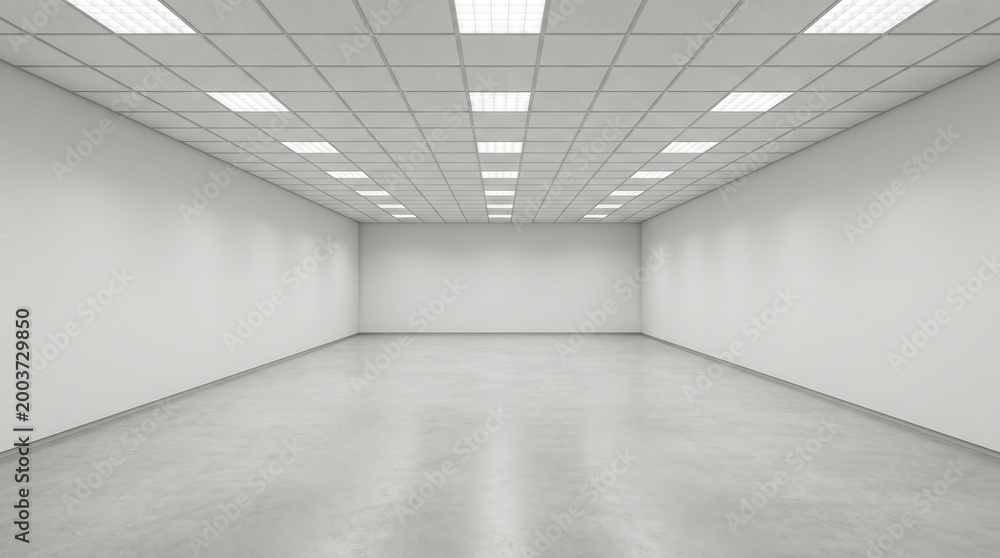 Obraz premium A large empty room with white walls and a tiled ceiling is shown from an interior perspective.
