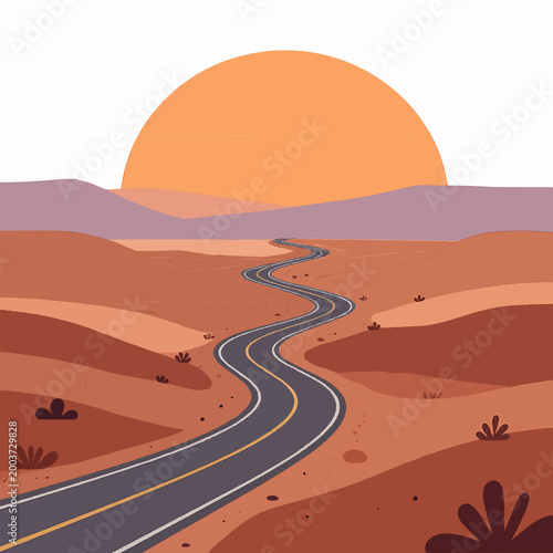 Southwestern desert highway road trip illustration in New Mexico. Flat vector graphic of a winding asphalt path through arid landscape at sunset.