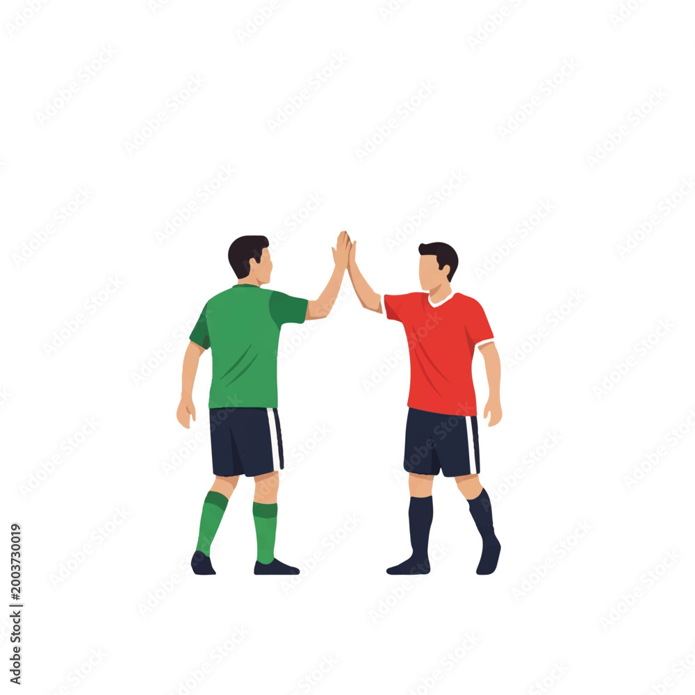 Fototapeta premium Two players from opposing local teams sharing a high-five after a match, sportsmanship concept, minimalist aesthetic with white background, minimalist flat vector artwork, clipart style,