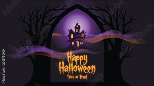 Spooky haunted house illustration featuring a glowing purple moon and leafless trees for a Happy Halloween trick or treat greeting background.