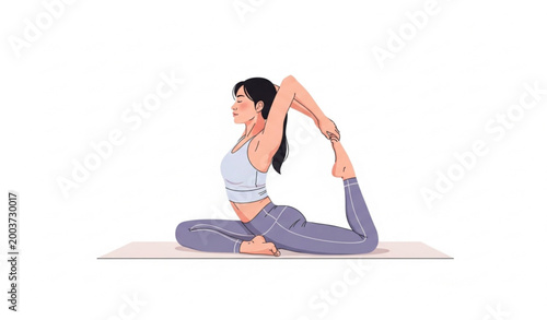 Asian woman doing yoga pigeon pose side view vector illustration eka pada rajakapotasana wellness exercise isolated on white