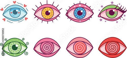 Colorful Psychedelic Eyeball Vector Illustration Set Featuring Various Creative Designs Including Hypnotic Spirals Hearts Stars And Intricate Eyelashes