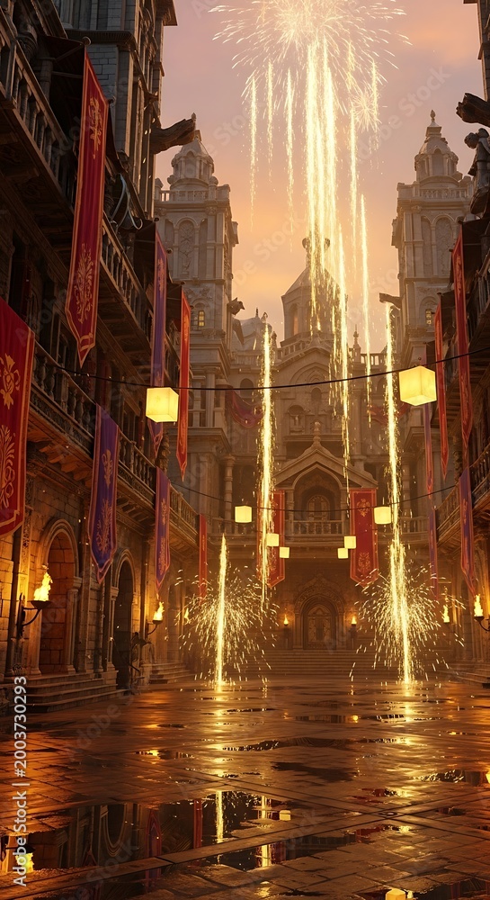 Naklejka premium Fantasy medieval city street at night with magical glowing golden light beams.