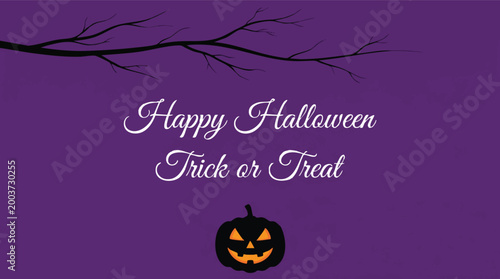 A festive Halloween greeting card featuring white script text and a glowing carved pumpkin on a vibrant purple background for holiday celebrations.