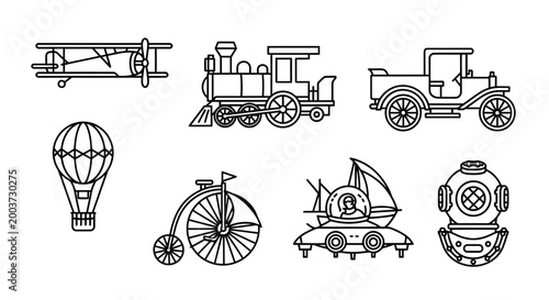 Line art illustration of various vintage and steampunk-inspired transportation vehicles and equipment including a biplane, train, car, balloon, bicycle, and diving helmet.