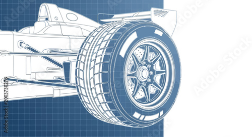 Close-up blueprint illustration of a race car tire and rear wing against a technical grid background, rendered in a clean, schematic style with a dominant blue color palette, showing