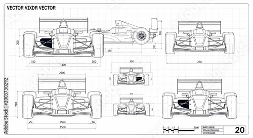 Technical blueprint of a race car displayed in multiple orthogonal views with precise dimensions and annotations on a light blue grid background, offering detailed insights