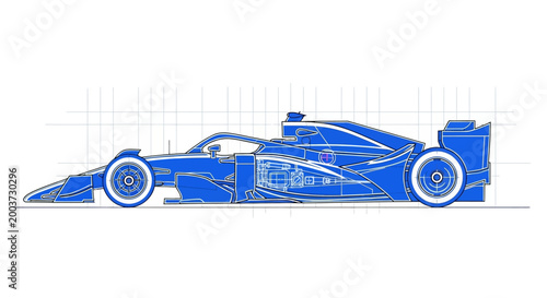 Side view of a blue, intricately detailed formula race car technical blueprint displayed on a grid, set against a clean white backdrop, exhibiting a cool and analytical mood in a technical