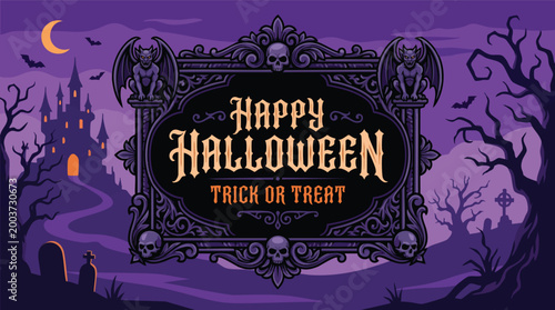 Spooky Happy Halloween illustration featuring a gothic ornate frame with gargoyles and skulls against a haunted castle and moonlit cemetery background