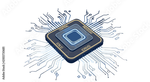 Abstract illustration of a central processing unit (CPU) on a circuit board, representing advanced technology and computing.