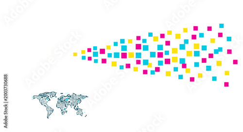 Abstract illustration of a world map with a colorful stream of digital data squares spreading across the globe, symbolizing global communication and information flow.