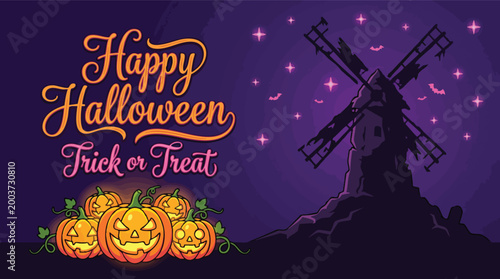 A festive Halloween greeting banner featuring glowing jack-o-lantern pumpkins and a mysterious windmill silhouette against a purple night sky.