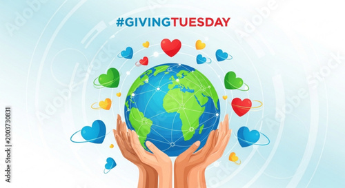 Global Giving Tuesday concept with hands holding a globe and hearts