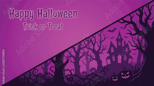 Spooky purple Halloween illustration featuring a silhouette of a haunted castle and pumpkins in a dark forest with trick or treat text.