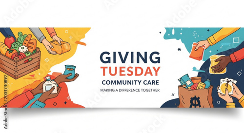 Diverse hands donating food and supplies for community care initiative