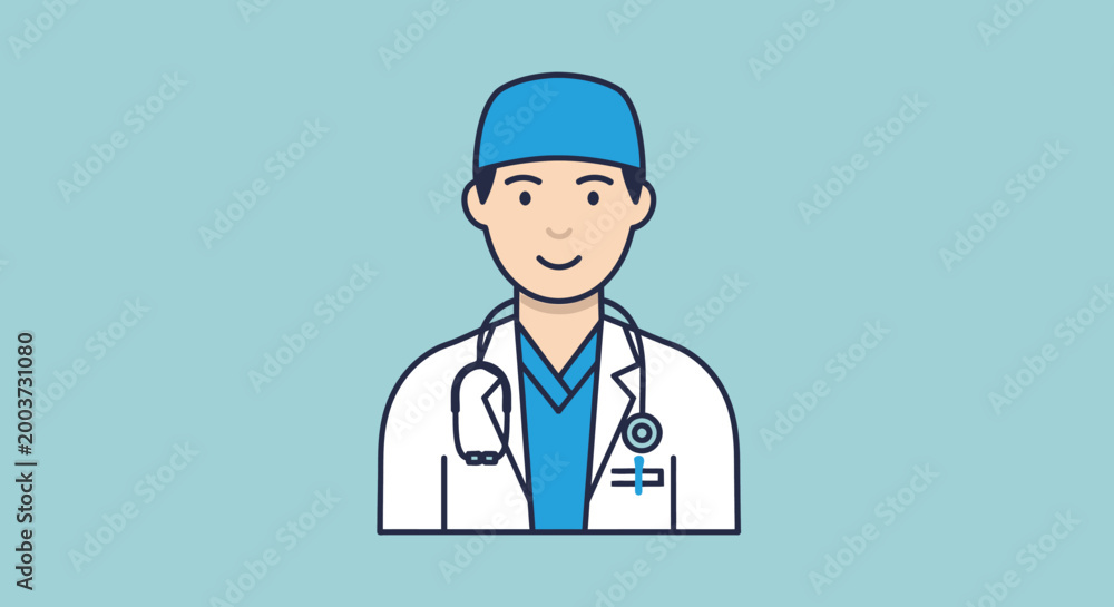 Fototapeta premium Medical professional in uniform with stethoscope against a blue backdrop