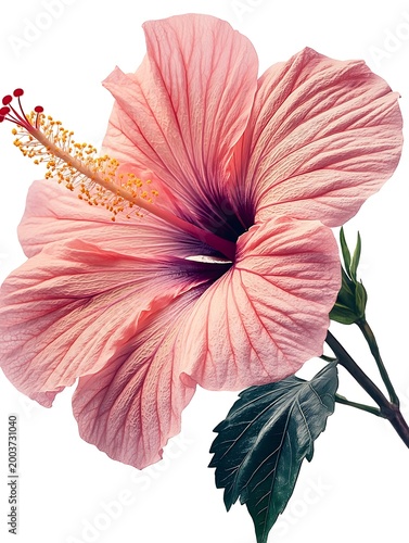 A close-up of a pink hibiscus flower, clearly showing the stamens.