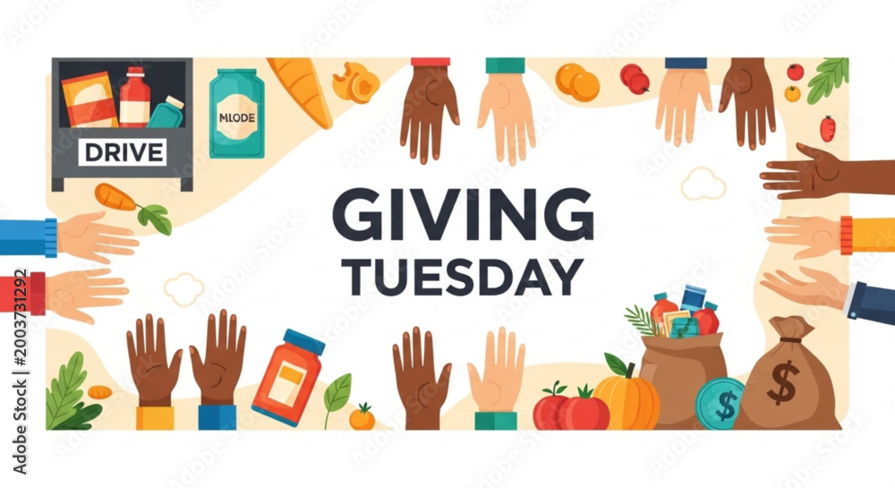 Fototapeta premium Giving Tuesday food drive illustration with diverse hands and supplies