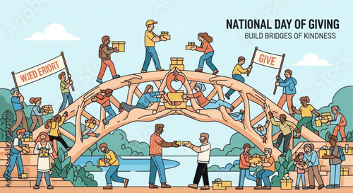 People building bridge of kindness for National Day of Giving vector