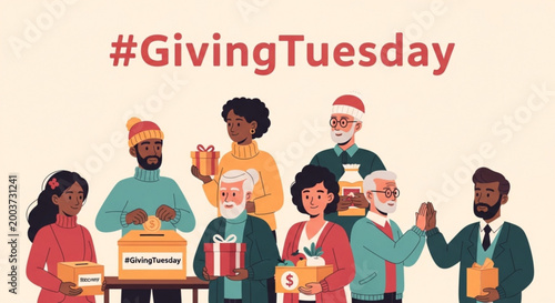 Diverse group of people donating goods for GivingTuesday illustration
