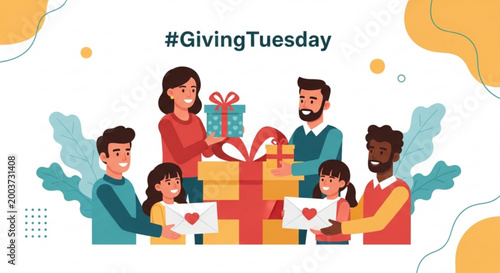 Family giving gifts and letters for Giving Tuesday awareness campaign