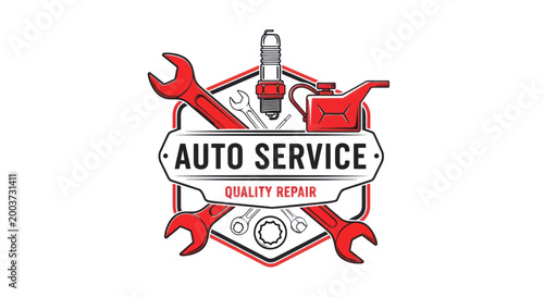 Auto Service Logo: Quality Repair, Wrench, Spark Plug, Oil Can Emblem