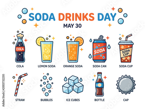 Soda Drinks Day Celebration with Various Refreshing Beverages and Accessories