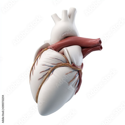 Anatomical human heart 3D model illustration isolated on white background showing aorta and coronary arteries for medical education and cardiology concepts