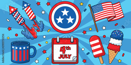 Festive Fourth of July Illustration: A vibrant illustration showcasing iconic symbols of independence day. Featuring rockets, flags, and other elements.