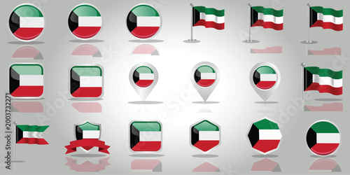Free Download Kuwait Flag Icon Set: A vibrant compilation of Kuwait flag illustrations, showcasing various design styles and formats suitable for diverse applications. - GFXLoad