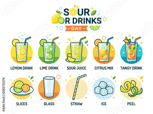 A visually appealing collection of sour drink illustrations, perfect for promoting a fun and refreshing beverage day