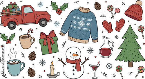Cozy Winter Christmas Holiday Vector Collection Featuring Red Truck Snowman Ugly Sweater Tree Gifts And Warm Drinks Doodles