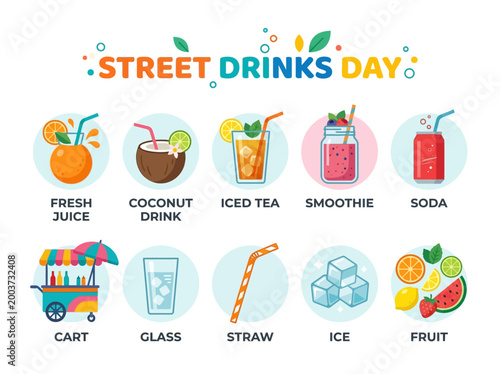 Celebrate Street Drinks Day with Fresh Juices, Iced Tea, Smoothies, Soda, and Exotic Coconut Drinks from a Colorful Cart, featuring refreshing fruits and ice