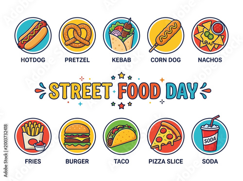 A colorful and vibrant illustration celebrating International Street Food Day with a variety of popular fast food items and drinks