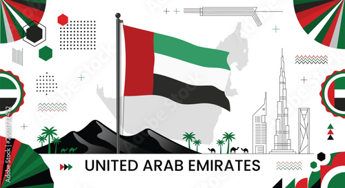 United Arab Emirates Illustration: A stylized illustration depicting the United Arab Emirates, with its national flag, iconic landmarks, and elements symbolizing the nation's culture and identity.