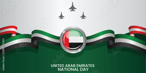 UAE National Day: A patriotic illustration of the United Arab Emirates flag with waving ribbons and fighter jets, celebrating the spirit of national unity and pride.