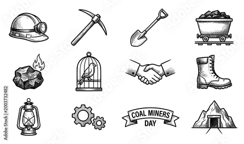Vintage Coal Miners Day Equipment Elements and Tools Icon Set Isolated Vector Illustration